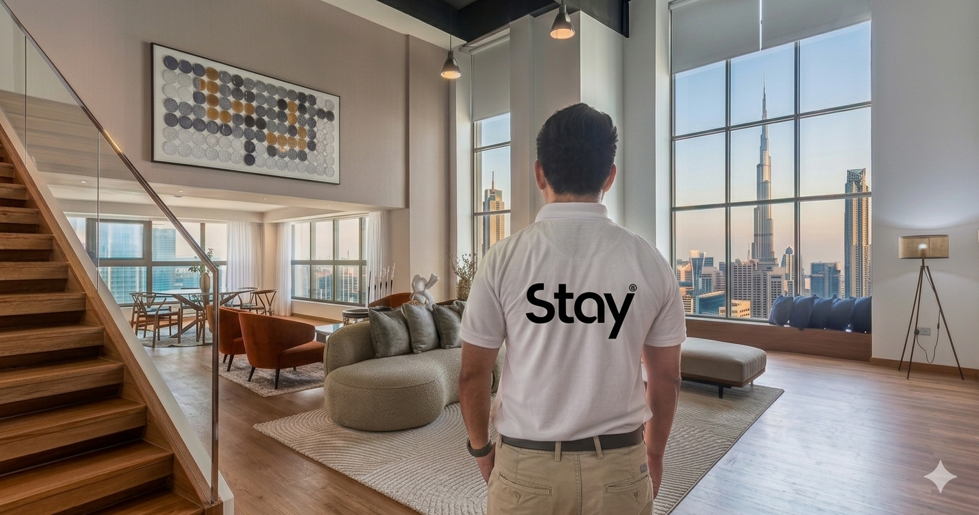 Stay Dubai team member in a luxury property overlooking the Dubai skyline
